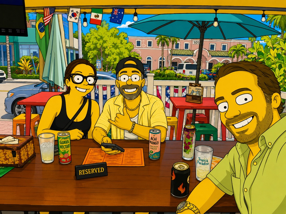 The same three people at the same table, drawn in a bright cartoon style.