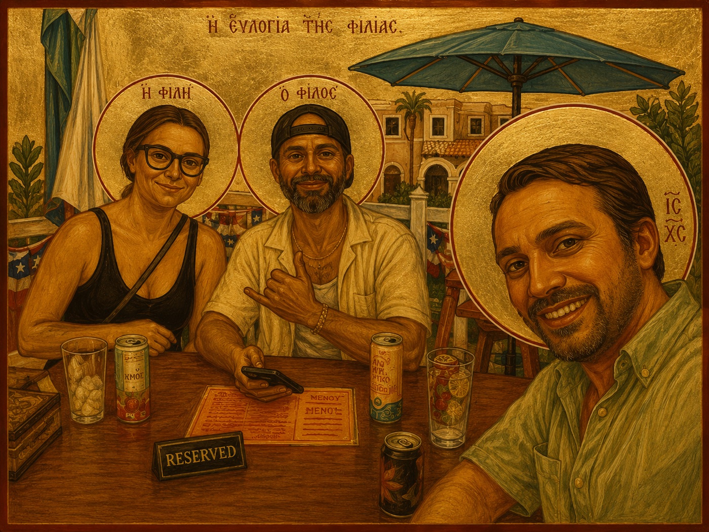 A gold-ground icon of three people sitting together at an outdoor table, painted in Byzantine style.