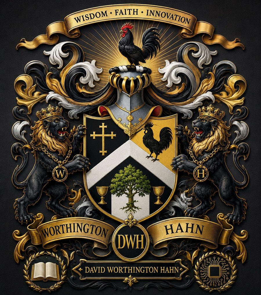 The Worthington–Hahn family crest: a black rooster above a shield bearing a cross, an oak tree and two chalices, flanked by two crowned lions carrying the letters W and H, beneath the motto Wisdom, Faith, Innovation.